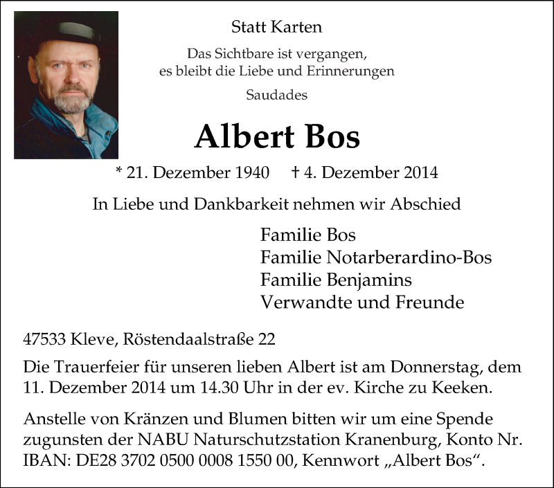  Traueranzeige für Albert Bos vom 09.12.2014 aus Tageszeitung