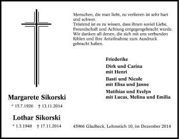 Traueranzeige von Margarete und Lothar Sikorski von Tageszeitung