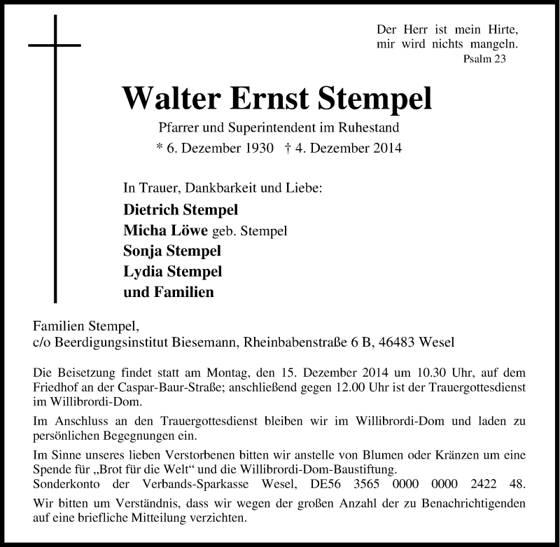  Traueranzeige für Walter Ernst Stempel vom 09.12.2014 aus Tageszeitung