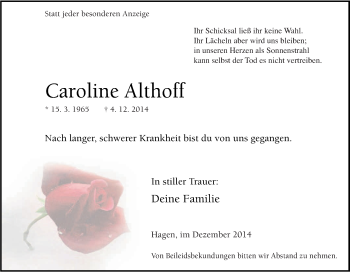 Traueranzeige von Caroline Althoff von Tageszeitung