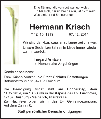Traueranzeige von Hermann Krisch von Tageszeitung