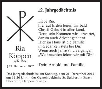 Traueranzeige von Ria Köppen von Tageszeitung