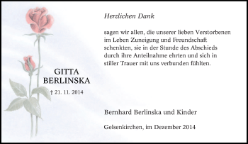 Traueranzeige von Gitta Berlinska von Tageszeitung