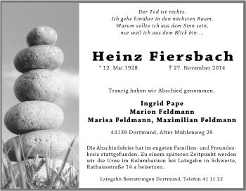 Traueranzeige von Heinz Fiersbach von Tageszeitung