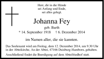 Traueranzeige von Johanna Fey von Tageszeitung