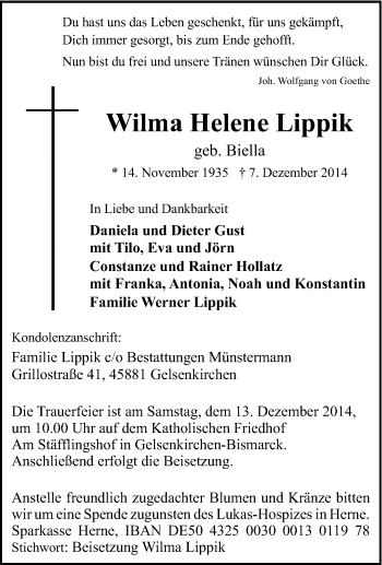 Traueranzeige von Wilma Helene Lippik von Tageszeitung