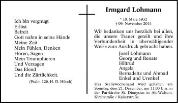 Traueranzeige von Irmgard  Lohmann von Tageszeitung