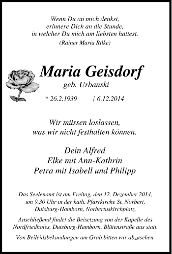 Traueranzeige von Maria Geisdorf von Tageszeitung