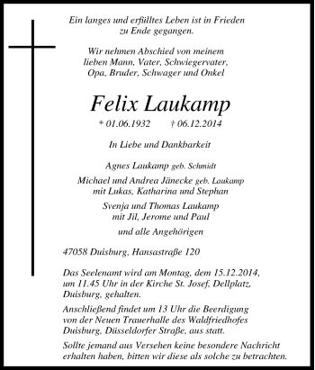 Traueranzeige von Felix Laukamp von Tageszeitung
