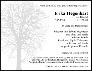 Traueranzeige von Erika Hegenbart von Tageszeitung