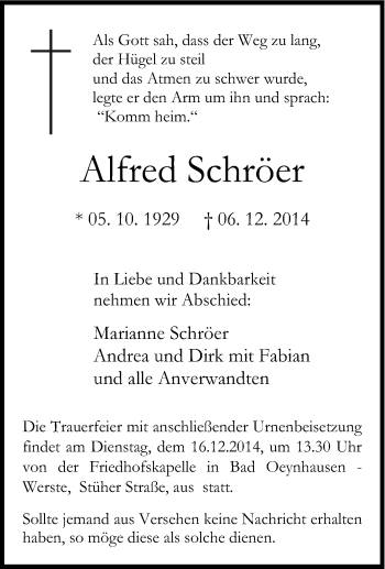 Traueranzeige von Alfred Schröer von Tageszeitung