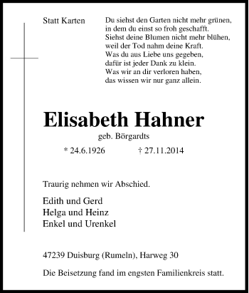 Traueranzeige von Elisabeth Hahner von Tageszeitung