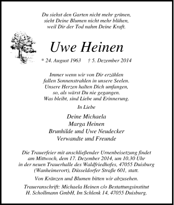 Traueranzeige von Uwe Heinen von Tageszeitung