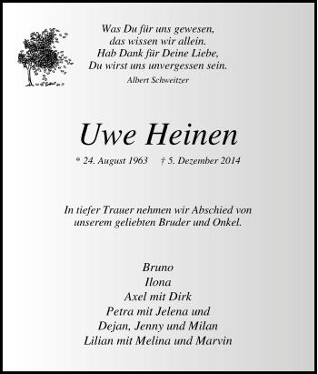 Traueranzeige von Uwe Heinen von Tageszeitung