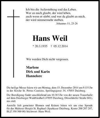 Traueranzeige von Hans Weil von Tageszeitung