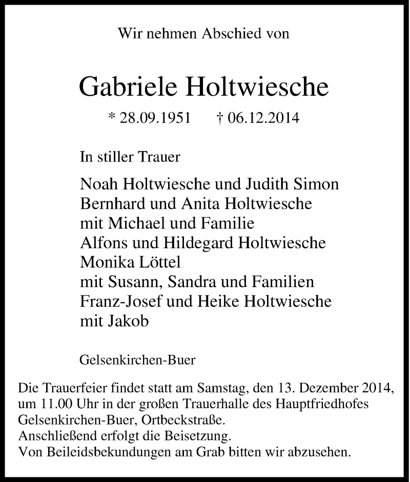  Traueranzeige für Gabriele Holtwiesche vom 10.12.2014 aus Tageszeitung