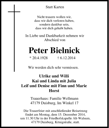 Traueranzeige von Peter Bielnick von Tageszeitung