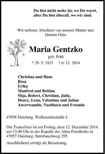 Traueranzeige von Maria Gentzko von Tageszeitung