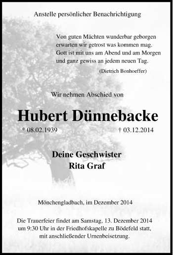 Traueranzeige von Hubert Dünnebacke von Tageszeitung