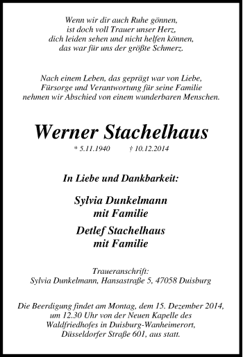 Traueranzeige von Werner Stachelhaus von Tageszeitung