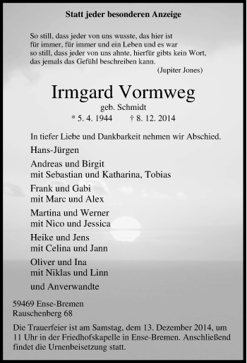 Traueranzeige von Irmgard Vormweg von Tageszeitung