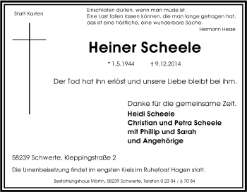 Traueranzeige von Heiner Scheele von Tageszeitung