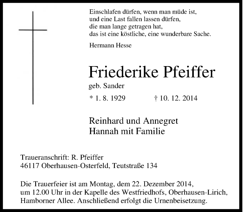  Traueranzeige für Friederike Pfeiffer vom 13.12.2014 aus Tageszeitung