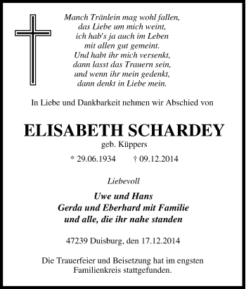 Traueranzeige von Elisabeth Schardey von Tageszeitung