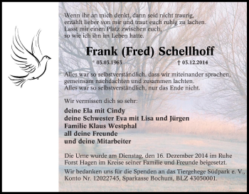 Traueranzeige von Frank Schellhoff von Tageszeitung