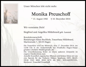 Traueranzeige von Monika Preuschoff von Tageszeitung