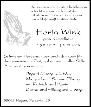 Traueranzeige von Herta Wink von Tageszeitung