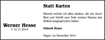 Traueranzeige von Werner Hesse von Tageszeitung