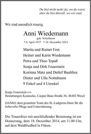Traueranzeige von Anni Wiedemann von Tageszeitung