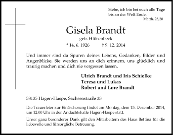 Traueranzeige von Gisela Brandt von Tageszeitung