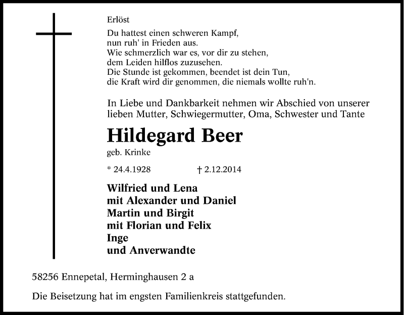  Traueranzeige für Hildegard Beer vom 13.12.2014 aus Tageszeitung