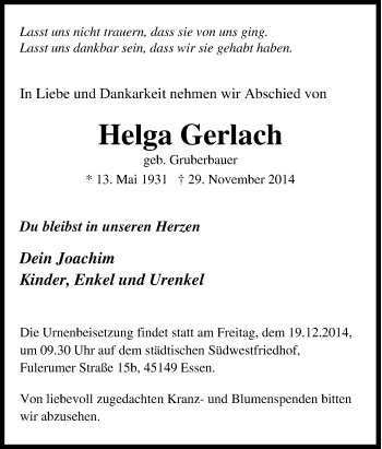 Traueranzeige von Helga Gerlach  von Tageszeitung