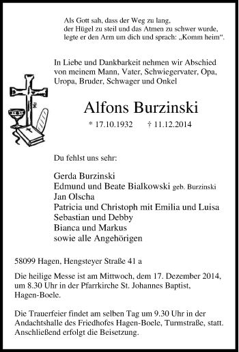 Traueranzeige von Alfons Burzinski von Tageszeitung