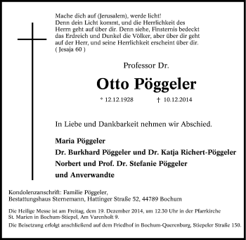 Traueranzeigen von Otto Pöggeler TrauerinNRW.de