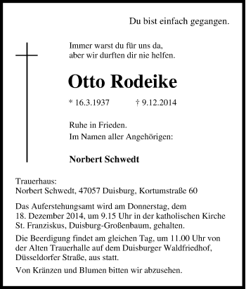 Traueranzeige von Otto Rodeike von Tageszeitung