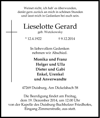 Traueranzeige von Lieselotte Gerard von Tageszeitung