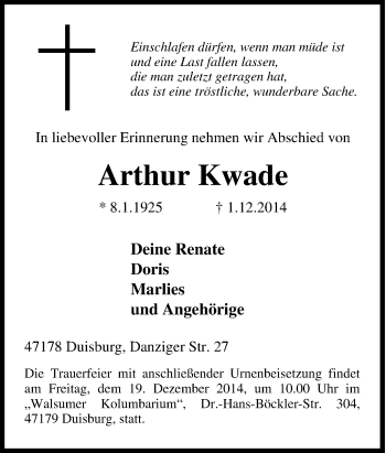 Traueranzeige von Arthur Kwade von Tageszeitung