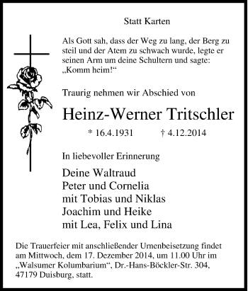 Traueranzeige von Heinz-Werner Tritschler von Tageszeitung