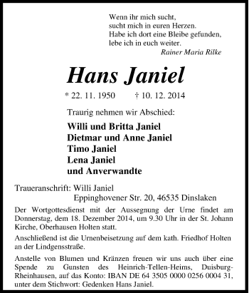 Traueranzeige von Hans Janiel von Tageszeitung