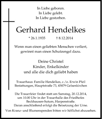 Traueranzeige von Gerhard Hendelkes von Tageszeitung