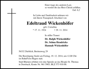 Traueranzeige von Edeltraud  Wickenhöfer von Tageszeitung