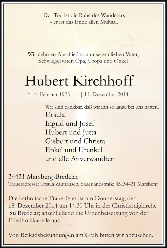  Traueranzeige für Hubert Kirchhoff vom 13.12.2014 aus Tageszeitung
