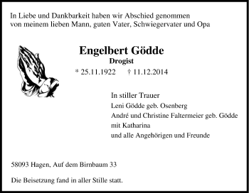 Traueranzeige von Engelbert Gödde von Tageszeitung