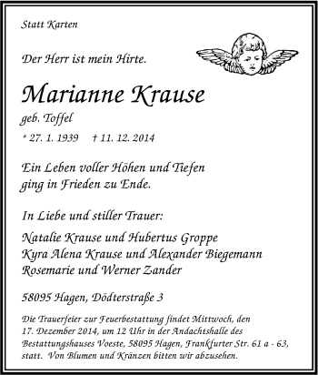 Traueranzeige von Marianne Krause von Tageszeitung