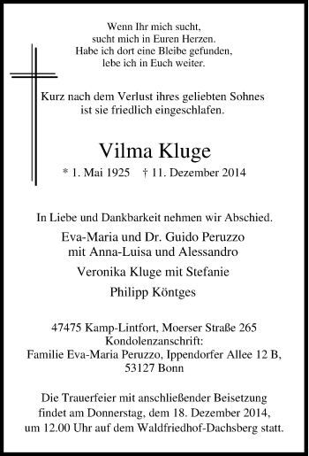 Traueranzeige von Vilma Kluge von Tageszeitung
