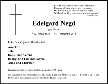 Traueranzeige von Edelgard Negd von Tageszeitung